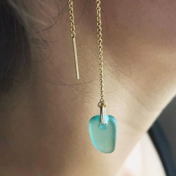 Sea And Glass - Sea Glass Threader Earrings - 14K Gold Fill - Ocean Blues - Picture 7 of 8